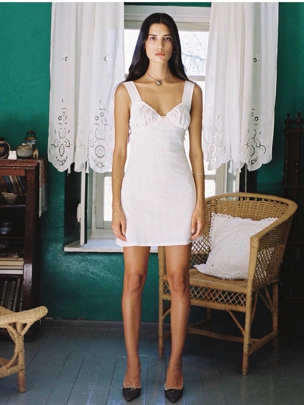 With Jean Cher Mini Dress Small White Pointelle Milkmaid Coquette Feminine Rose - Picture 2 of 12